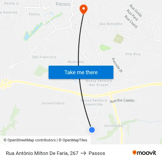 Rua Antônio Milton De Faria, 267 to Passos map