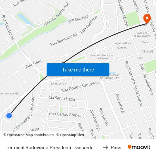 Terminal Rodoviário Presidente Tancredo Neves to Passos map