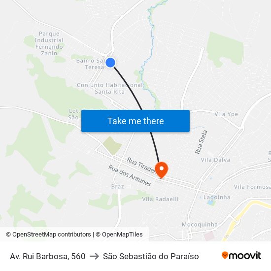 Av. Rui Barbosa, 560 to São Sebastião do Paraíso map