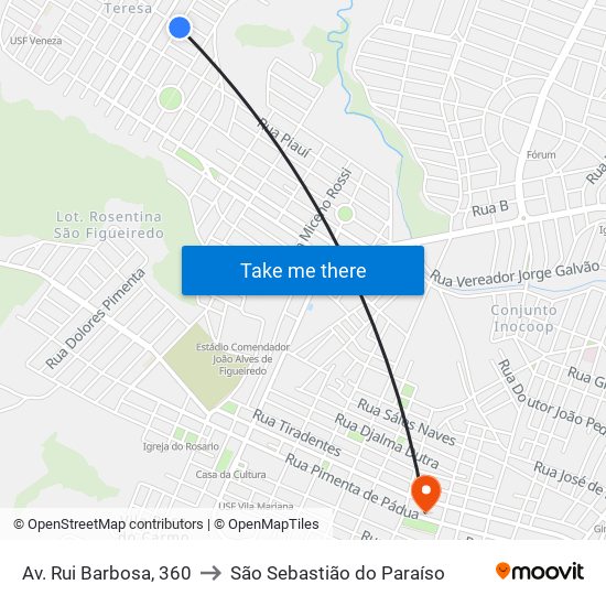 Av. Rui Barbosa, 360 to São Sebastião do Paraíso map