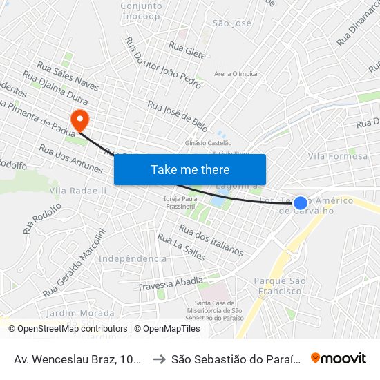 Av. Wenceslau Braz, 1027 to São Sebastião do Paraíso map