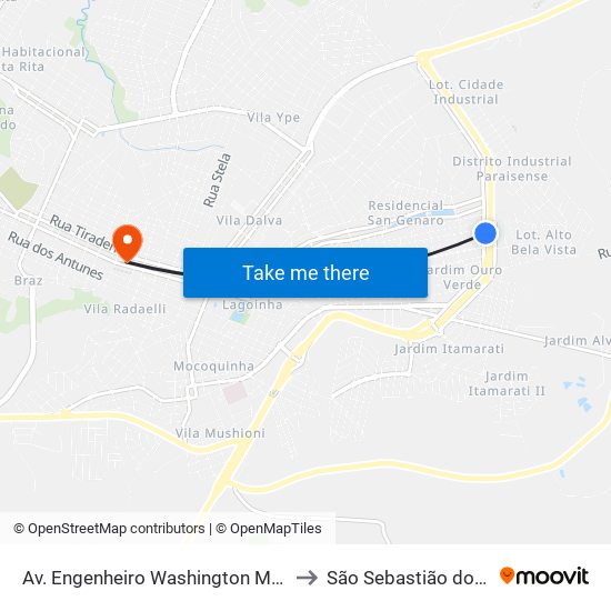 Av. Engenheiro Washington Martoni, 1385 to São Sebastião do Paraíso map