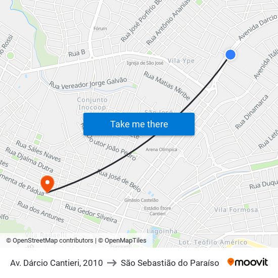 Av. Dárcio Cantieri, 2010 to São Sebastião do Paraíso map