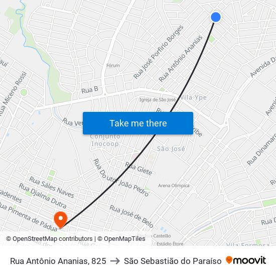 Rua Antônio Ananias, 825 to São Sebastião do Paraíso map