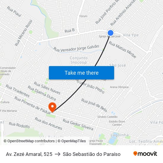 Av. Zezé Amaral, 525 to São Sebastião do Paraíso map