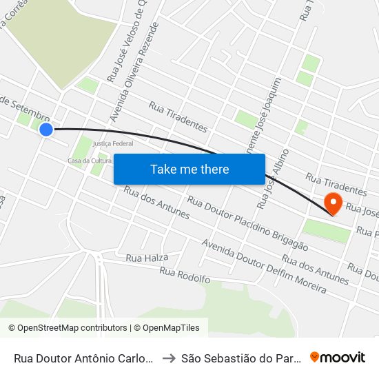 Rua Doutor Antônio Carlos, 70 to São Sebastião do Paraíso map