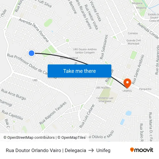 Rua Doutor Orlando Vairo | Delegacia to Unifeg map