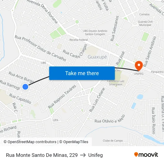 Rua Monte Santo De Minas | Restaurante to Unifeg map