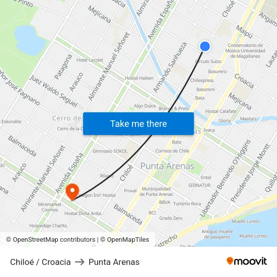Chiloé / Croacia to Punta Arenas map