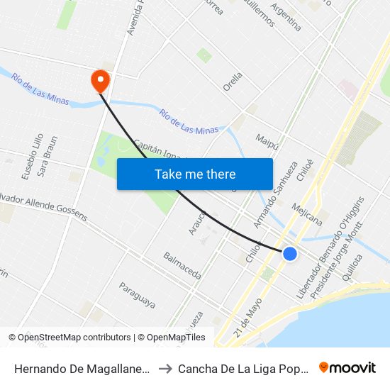 Hernando De Magallanes / Av. Cristobal Colón to Cancha De La Liga Popular Santos Mardones map