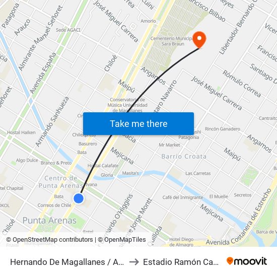 Hernando De Magallanes / Av. Cristobal Colón to Estadio Ramón Cañas Montalva map