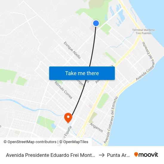 Avenida Presidente Eduardo Frei Montalva 02281 to Punta Arenas map
