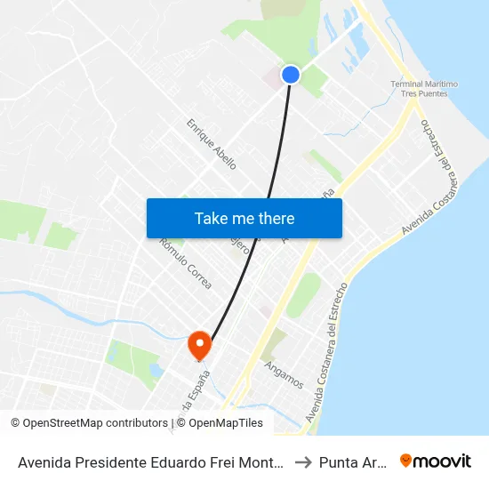 Avenida Presidente Eduardo Frei Montalva 02281 to Punta Arenas map