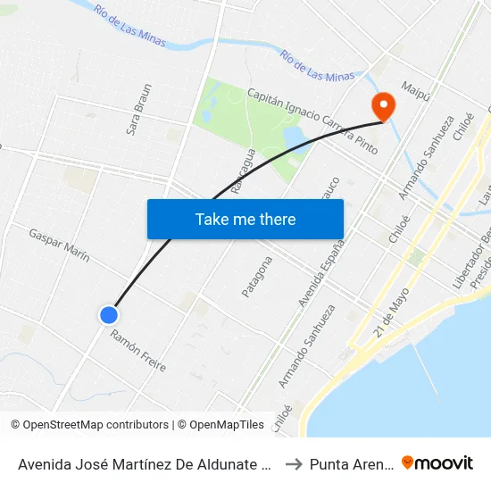 Avenida José Martínez De Aldunate 2160 to Punta Arenas map