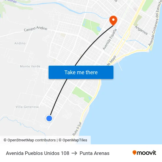 Avenida Pueblos Unidos 108 to Punta Arenas map