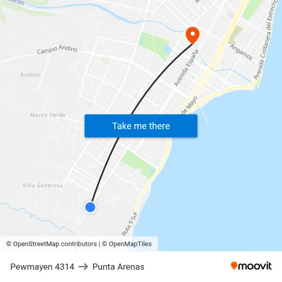 Pewmayen 4314 to Punta Arenas map