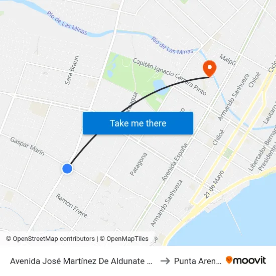 Avenida José Martínez De Aldunate 1915 to Punta Arenas map