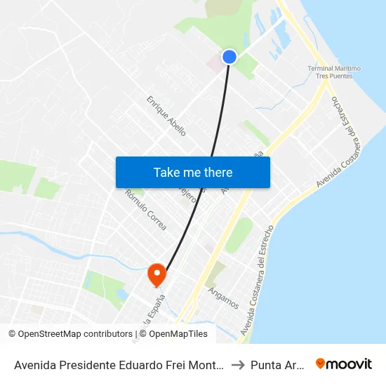 Avenida Presidente Eduardo Frei Montalva 2281 to Punta Arenas map