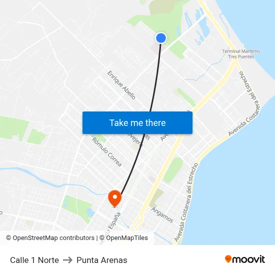 Calle 1 Norte to Punta Arenas map