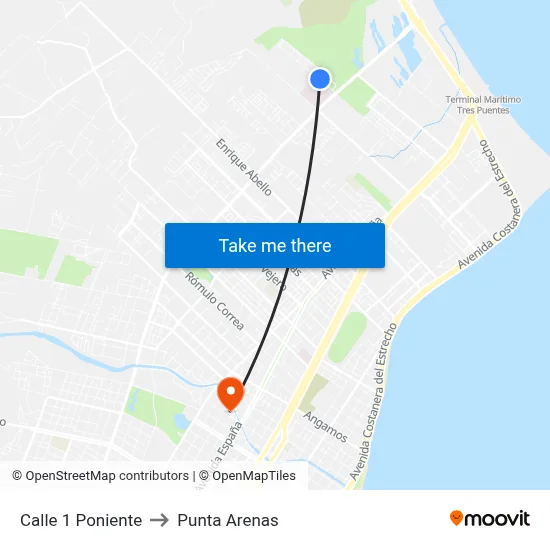 Calle 1 Poniente to Punta Arenas map