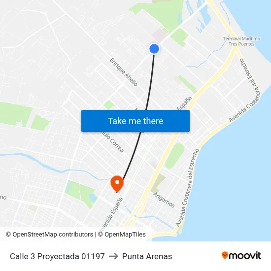 Calle 3 Proyectada 01197 to Punta Arenas map