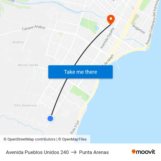 Avenida Pueblos Unidos 240 to Punta Arenas map