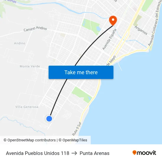 Avenida Pueblos Unidos 118 to Punta Arenas map