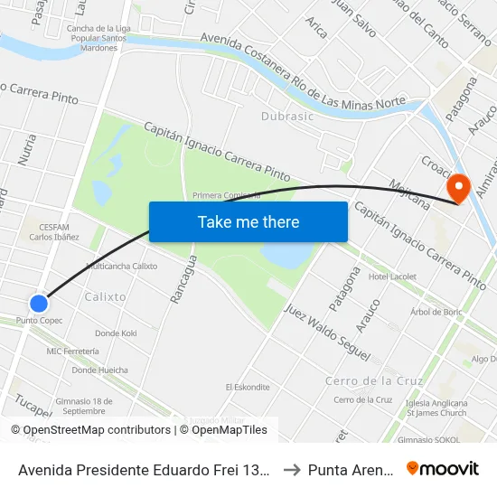 Avenida Presidente Eduardo Frei 1314 to Punta Arenas map
