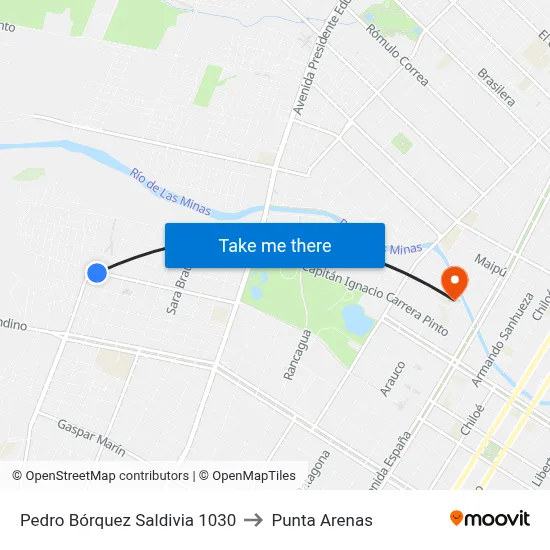 Pedro Bórquez Saldivia 1030 to Punta Arenas map