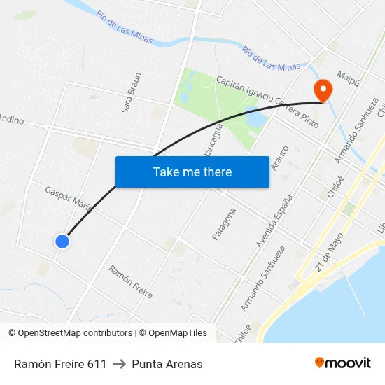 Ramón Freire 611 to Punta Arenas map