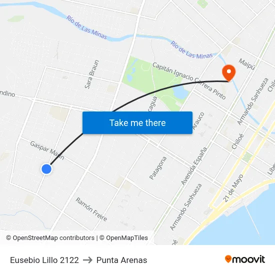 Eusebio Lillo 2122 to Punta Arenas map