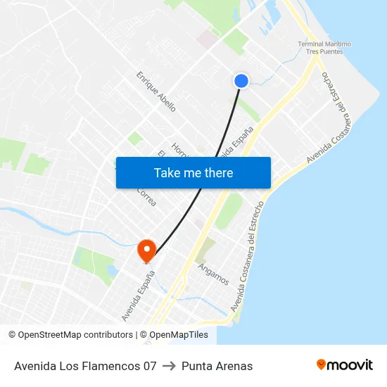 Avenida Los Flamencos 07 to Punta Arenas map