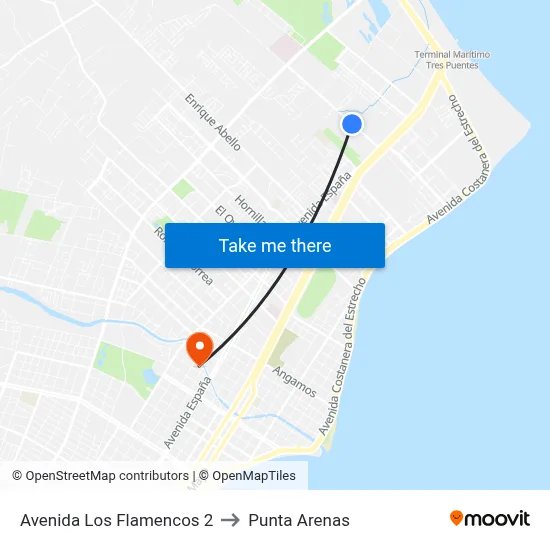 Avenida Los Flamencos 2 to Punta Arenas map