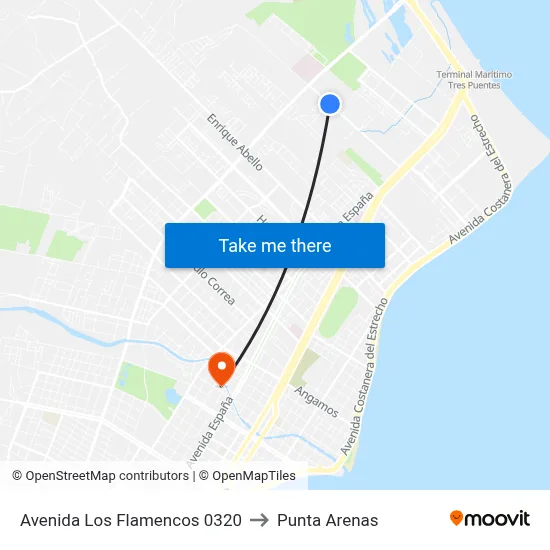 Avenida Los Flamencos 0320 to Punta Arenas map