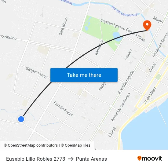 Eusebio Lillo Robles 2773 to Punta Arenas map