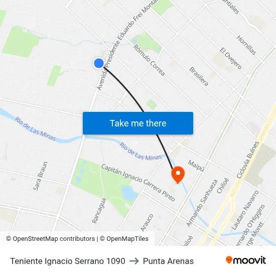 Teniente Ignacio Serrano 1090 to Punta Arenas map