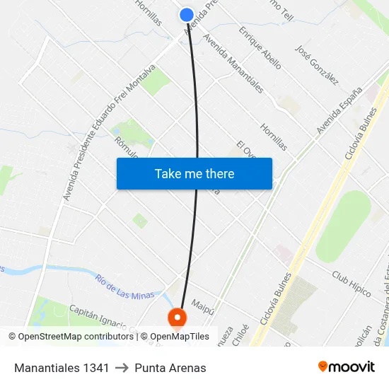 Manantiales 1341 to Punta Arenas map