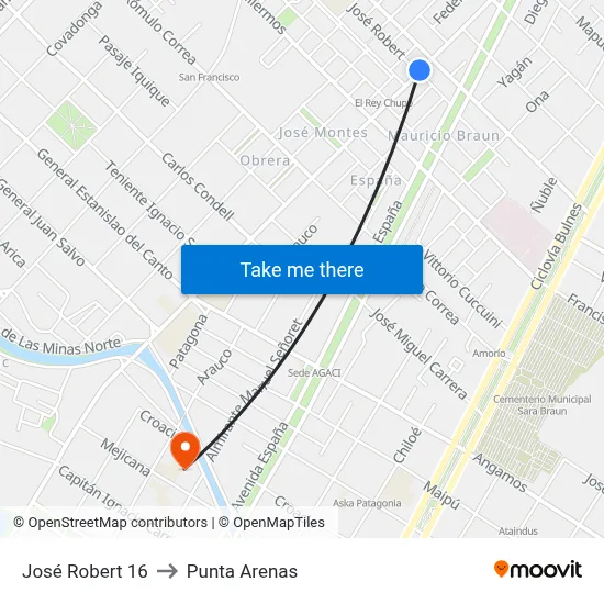José Robert 16 to Punta Arenas map