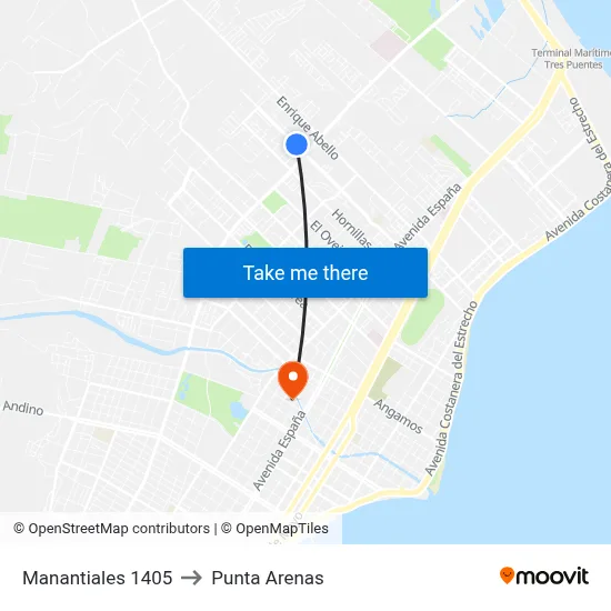 Manantiales 1405 to Punta Arenas map
