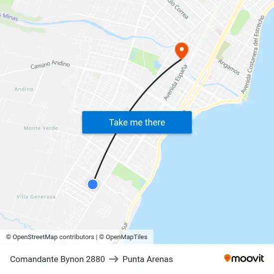 Comandante Bynon 2880 to Punta Arenas map