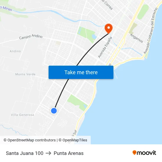 Santa Juana 100 to Punta Arenas map