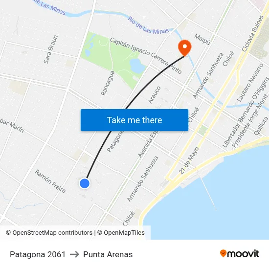 Patagona 2061 to Punta Arenas map