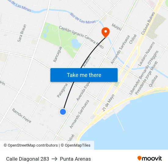 Calle Diagonal 283 to Punta Arenas map