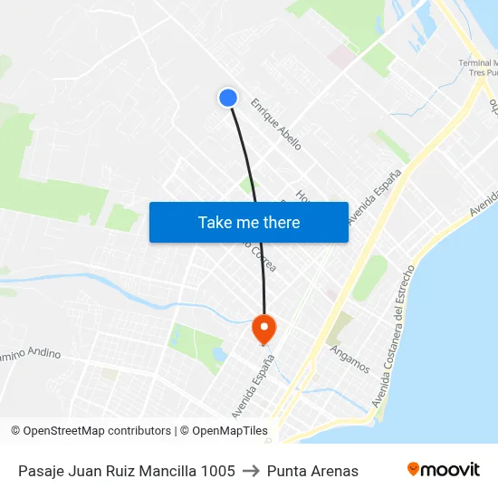 Pasaje Juan Ruiz Mancilla 1005 to Punta Arenas map