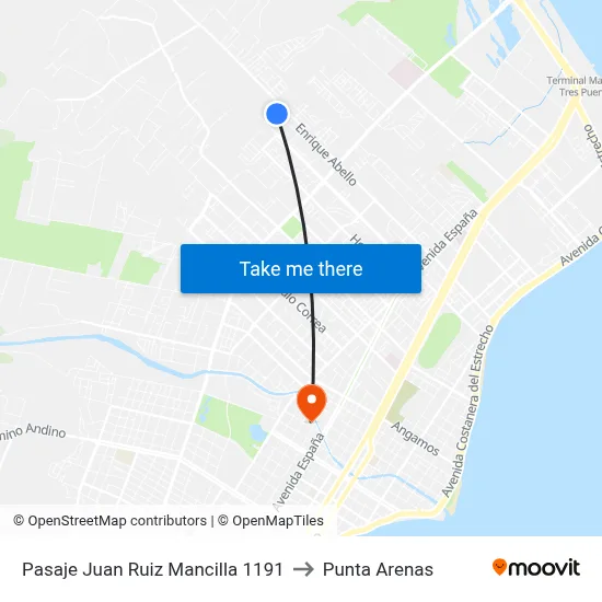 Pasaje Juan Ruiz Mancilla 1191 to Punta Arenas map