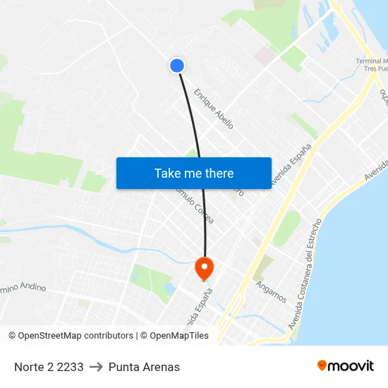 Norte 2 2233 to Punta Arenas map