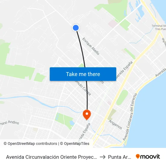 Avenida Circunvalación Oriente Proyectada 1348 to Punta Arenas map