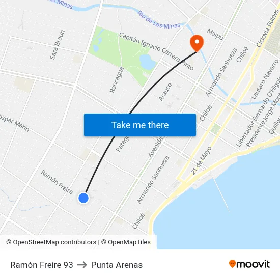 Ramón Freire 93 to Punta Arenas map
