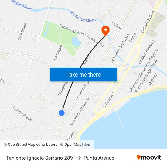 Teniente Ignacio Serrano 289 to Punta Arenas map