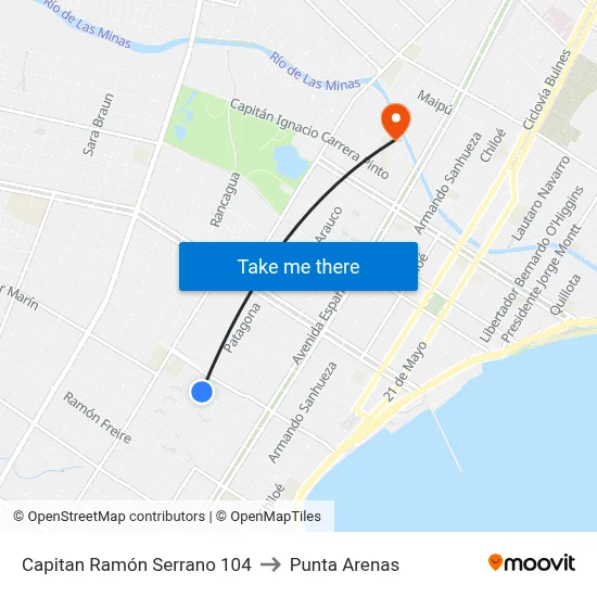 Capitan Ramón Serrano 104 to Punta Arenas map